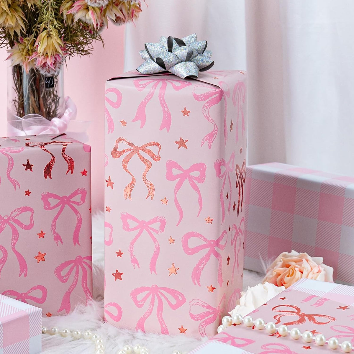 Pink Wrapping Paper Roll, Cute Bow Gift Wrap
