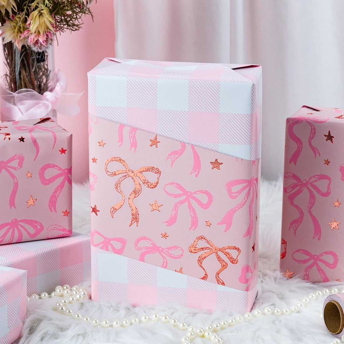 Pink Wrapping Paper Roll, Cute Bow Gift Wrap