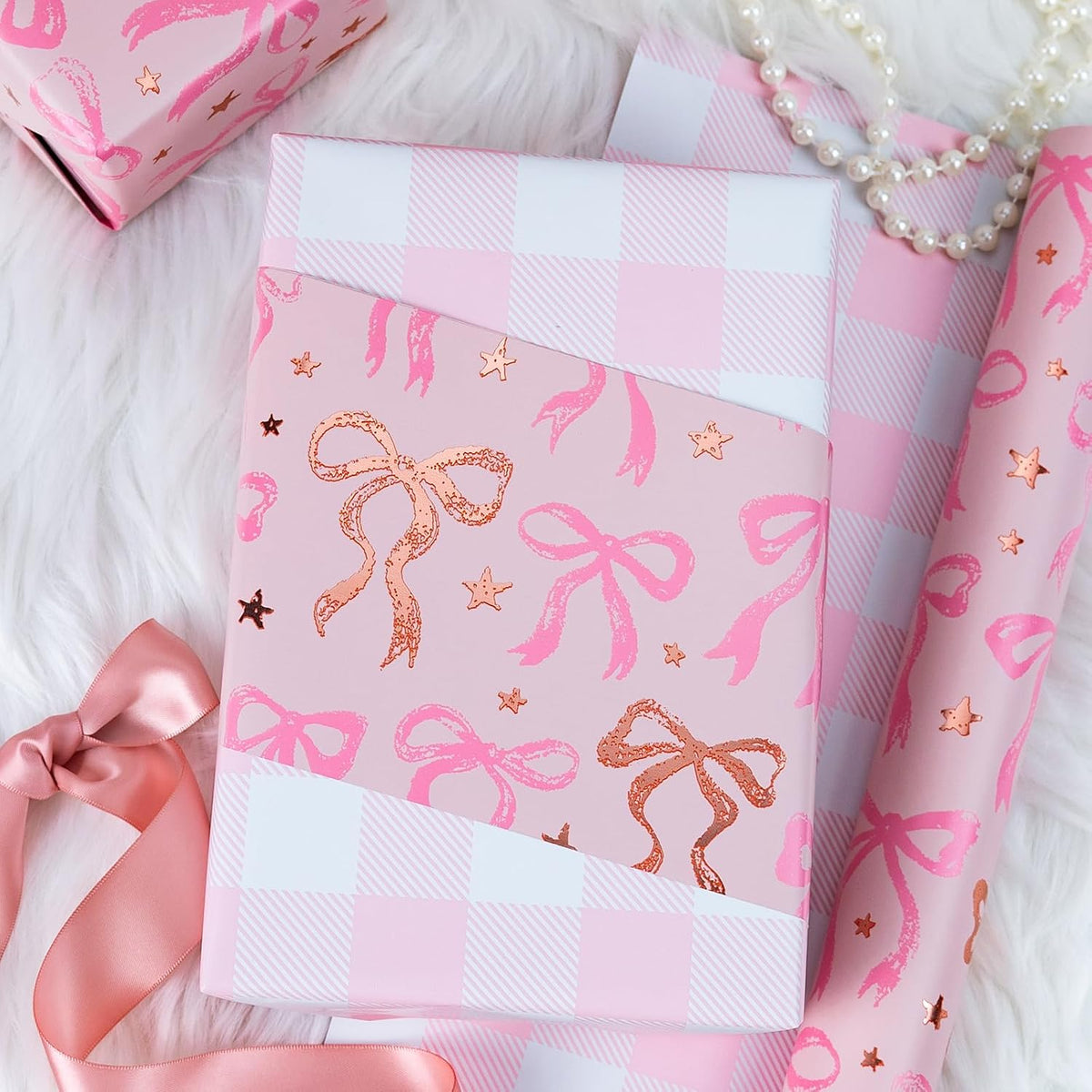 Pink Wrapping Paper Roll, Cute Bow Gift Wrap