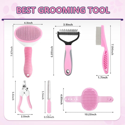 Dog Brush Grooming Kit 6PCS Dog Brush for Shedding-Dogs Brushes for Grooming, Dematting Comb for Dogs, Nail Clipper with Nail File, Flea Comb, Cat Bath Brush-Pink