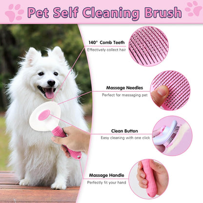 Dog Brush Grooming Kit 6PCS Dog Brush for Shedding-Dogs Brushes for Grooming, Dematting Comb for Dogs, Nail Clipper with Nail File, Flea Comb, Cat Bath Brush-Pink