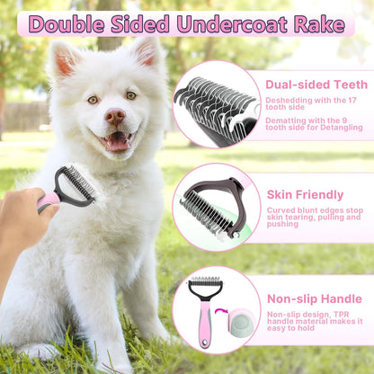 Dog Brush Grooming Kit 6PCS Dog Brush for Shedding-Dogs Brushes for Grooming, Dematting Comb for Dogs, Nail Clipper with Nail File, Flea Comb, Cat Bath Brush-Pink
