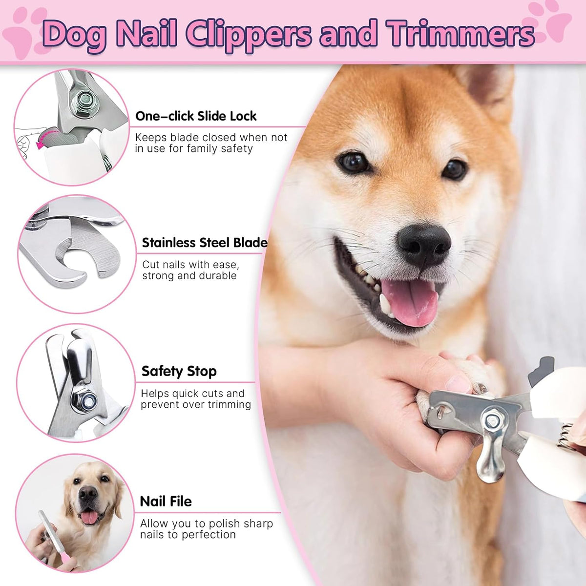 Dog Brush Grooming Kit 6PCS Dog Brush for Shedding-Dogs Brushes for Grooming, Dematting Comb for Dogs, Nail Clipper with Nail File, Flea Comb, Cat Bath Brush-Pink