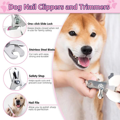 Dog Brush Grooming Kit 6PCS Dog Brush for Shedding-Dogs Brushes for Grooming, Dematting Comb for Dogs, Nail Clipper with Nail File, Flea Comb, Cat Bath Brush-Pink