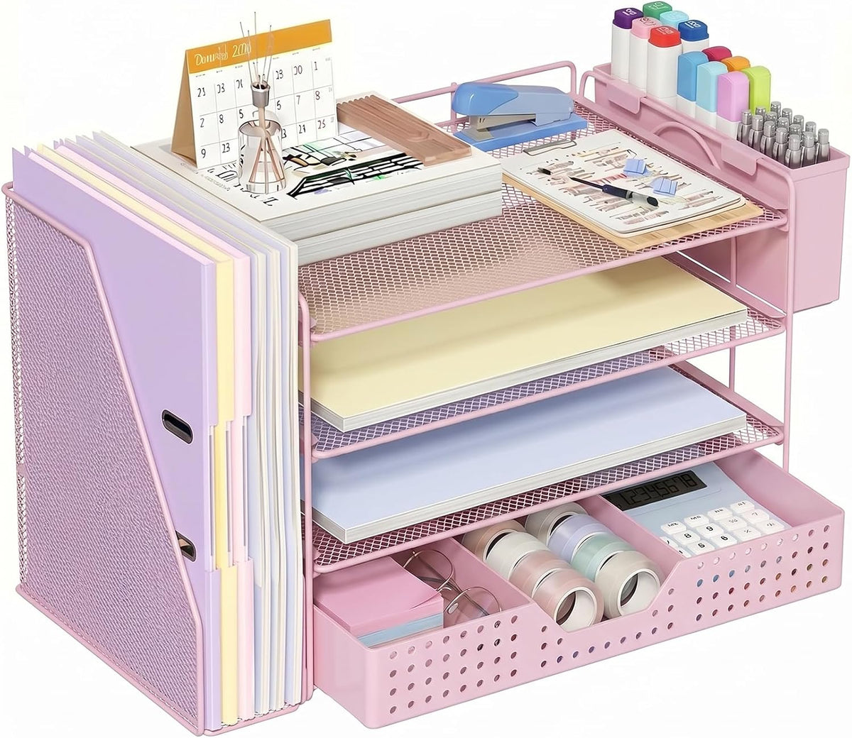 Desk Organizer, 4-Tier Paper Organizer Letter Tray with File Holder, Drawer and 2 Pen Holders, Desktop File Organizer for Office Supplies, Workspace Storage, Pink