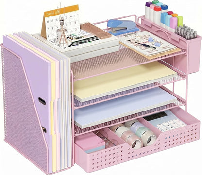 Desk Organizer, 4-Tier Paper Organizer Letter Tray with File Holder, Drawer and 2 Pen Holders, Desktop File Organizer for Office Supplies, Workspace Storage, Pink