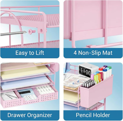 Desk Organizer, 4-Tier Paper Organizer Letter Tray with File Holder, Drawer and 2 Pen Holders, Desktop File Organizer for Office Supplies, Workspace Storage, Pink