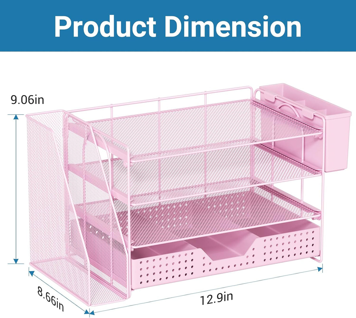 Desk Organizer, 4-Tier Paper Organizer Letter Tray with File Holder, Drawer and 2 Pen Holders, Desktop File Organizer for Office Supplies, Workspace Storage, Pink