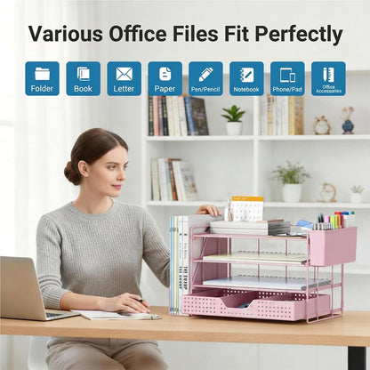 Desk Organizer, 4-Tier Paper Organizer Letter Tray with File Holder, Drawer and 2 Pen Holders, Desktop File Organizer for Office Supplies, Workspace Storage, Pink