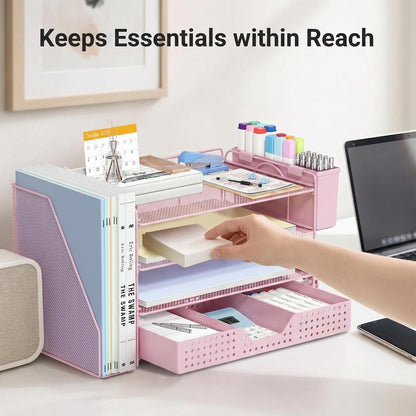 Desk Organizer, 4-Tier Paper Organizer Letter Tray with File Holder, Drawer and 2 Pen Holders, Desktop File Organizer for Office Supplies, Workspace Storage, Pink