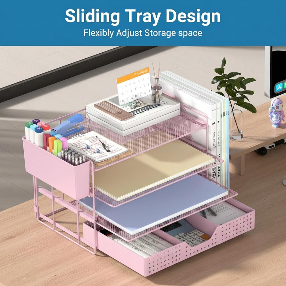 Desk Organizer, 4-Tier Paper Organizer Letter Tray with File Holder, Drawer and 2 Pen Holders, Desktop File Organizer for Office Supplies, Workspace Storage, Pink