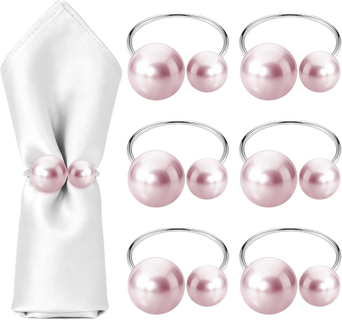 6Pcs Pearl Napkin Rings - Metallic Wedding Serviette Holders for Table Decor, Birthday & Bridal Party Dining Accessories (Pink)