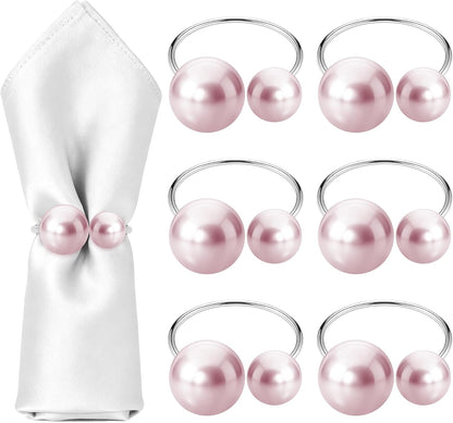 6Pcs Pearl Napkin Rings - Metallic Wedding Serviette Holders for Table Decor, Birthday & Bridal Party Dining Accessories (Pink)