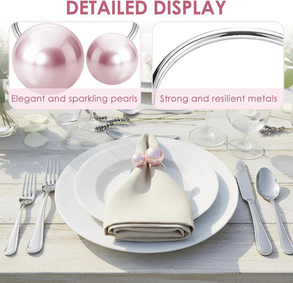 6Pcs Pearl Napkin Rings - Metallic Wedding Serviette Holders for Table Decor, Birthday & Bridal Party Dining Accessories (Pink)