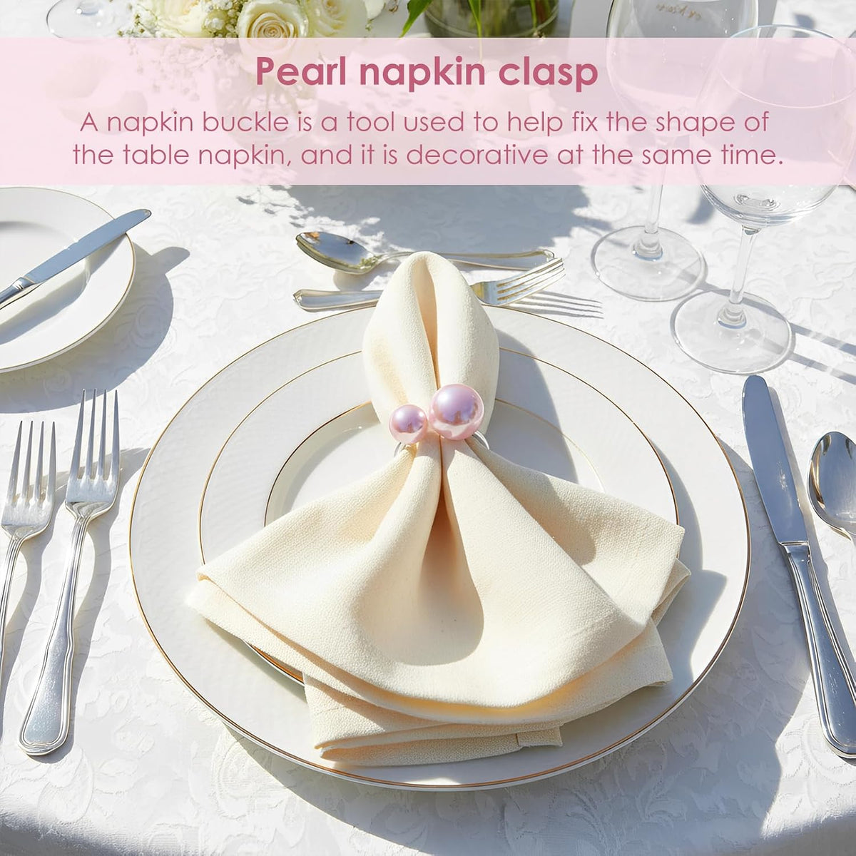 6Pcs Pearl Napkin Rings - Metallic Wedding Serviette Holders for Table Decor, Birthday & Bridal Party Dining Accessories (Pink)