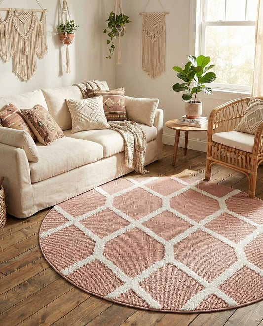 Boho Rug – 5 Ft Round Pink Easy-Clean Area Rug – Modern Textured Trellis Design, Perfect for Bedrooms, Nurseries, and Playrooms
