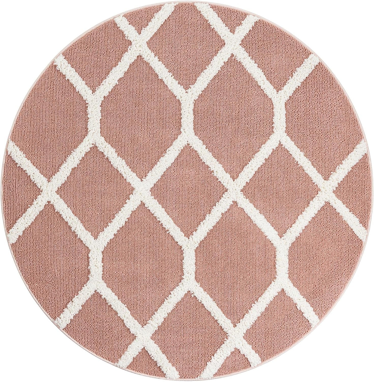 Boho Rug – 5 Ft Round Pink Easy-Clean Area Rug – Modern Textured Trellis Design, Perfect for Bedrooms, Nurseries, and Playrooms