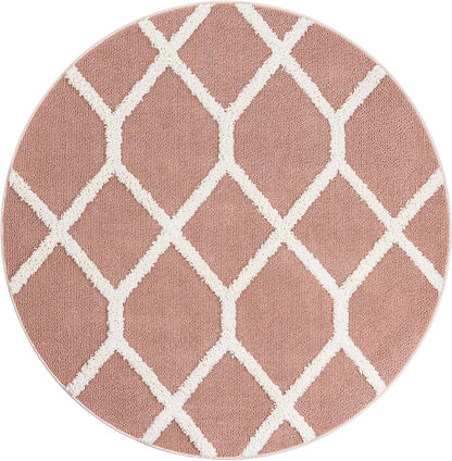 Boho Rug – 5 Ft Round Pink Easy-Clean Area Rug – Modern Textured Trellis Design, Perfect for Bedrooms, Nurseries, and Playrooms