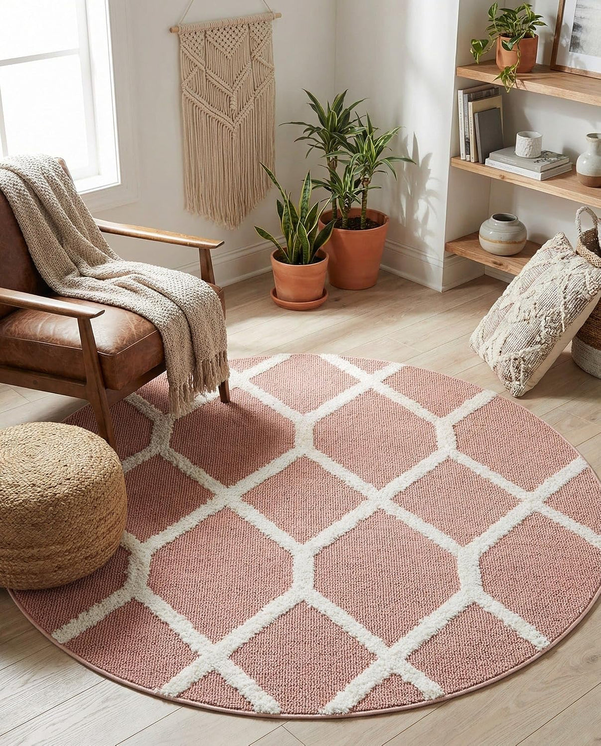 Boho Rug – 5 Ft Round Pink Easy-Clean Area Rug – Modern Textured Trellis Design, Perfect for Bedrooms, Nurseries, and Playrooms