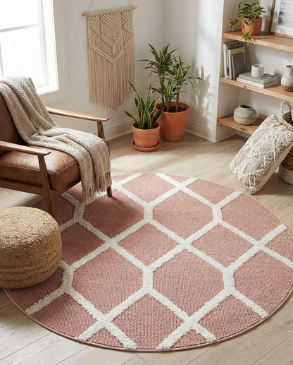 Boho Rug – 5 Ft Round Pink Easy-Clean Area Rug – Modern Textured Trellis Design, Perfect for Bedrooms, Nurseries, and Playrooms