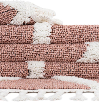 Boho Rug – 5 Ft Round Pink Easy-Clean Area Rug – Modern Textured Trellis Design, Perfect for Bedrooms, Nurseries, and Playrooms