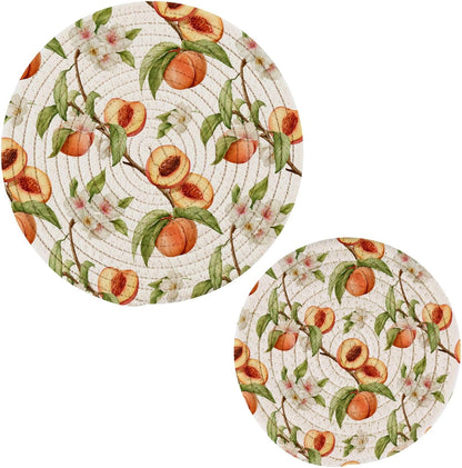 2Pcs Tropical Fruits Peach Round Woven Pot Holders Trivets Set, Pure Cotton Coasters Placemats for Cooking Baking Hot Dish Pan Pot Bowl Teapot(7&9 Inches)
