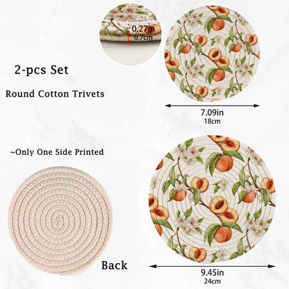 2Pcs Tropical Fruits Peach Round Woven Pot Holders Trivets Set, Pure Cotton Coasters Placemats for Cooking Baking Hot Dish Pan Pot Bowl Teapot(7&9 Inches)