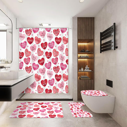4pcs Valentines Shower Curtain Set Pink and Red Conversation Hearts Shower Curtain Sets for Valentine Heart Candy Bathroom Decor Curtains with Non-Slip Rugs Toilet Lid Cover and Bath Mat