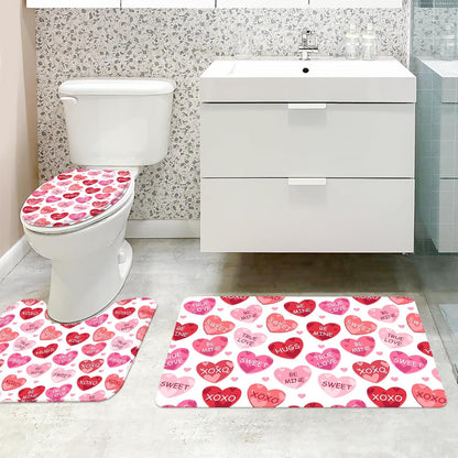 4pcs Valentines Shower Curtain Set Pink and Red Conversation Hearts Shower Curtain Sets for Valentine Heart Candy Bathroom Decor Curtains with Non-Slip Rugs Toilet Lid Cover and Bath Mat