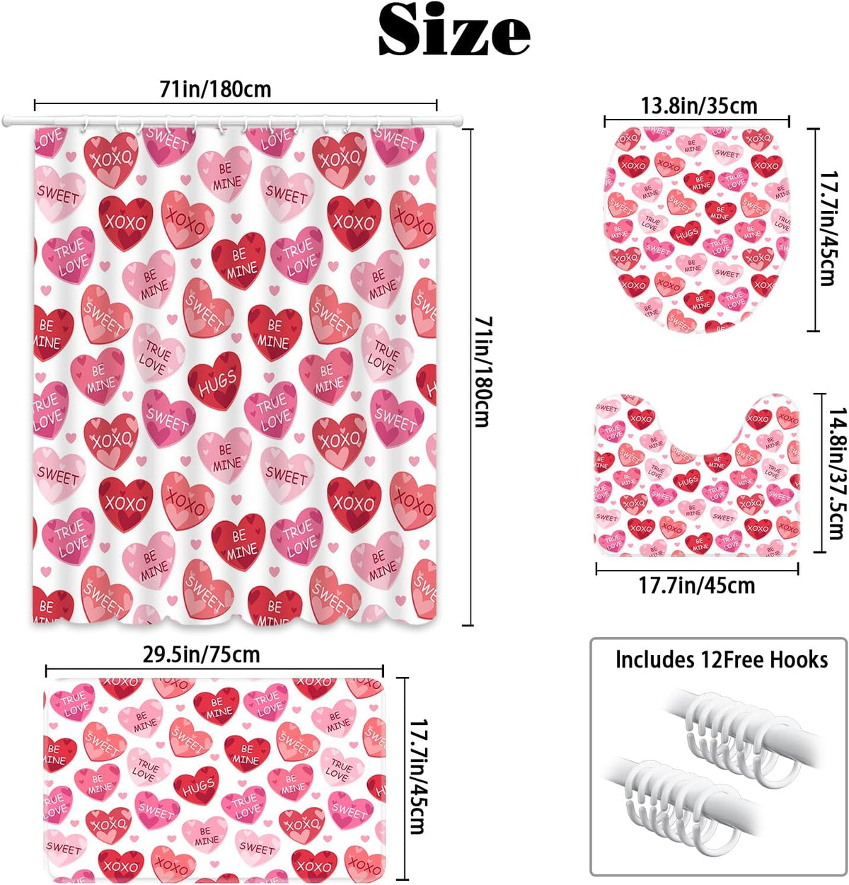 4pcs Valentines Shower Curtain Set Pink and Red Conversation Hearts Shower Curtain Sets for Valentine Heart Candy Bathroom Decor Curtains with Non-Slip Rugs Toilet Lid Cover and Bath Mat