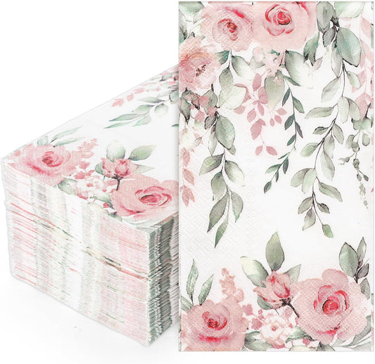 FYSUIMU 100 Pcs Greenery Floral Guest Napkins Spring Rose Flower Eucalyptus Leaves Disposable Napkins Watercolor Dinner Hand Towel Paper Napkin for Mother's Day Wedding Party Table Bathroom Supplies