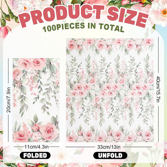 FYSUIMU 100 Pcs Greenery Floral Guest Napkins Spring Rose Flower Eucalyptus Leaves Disposable Napkins Watercolor Dinner Hand Towel Paper Napkin for Mother's Day Wedding Party Table Bathroom Supplies