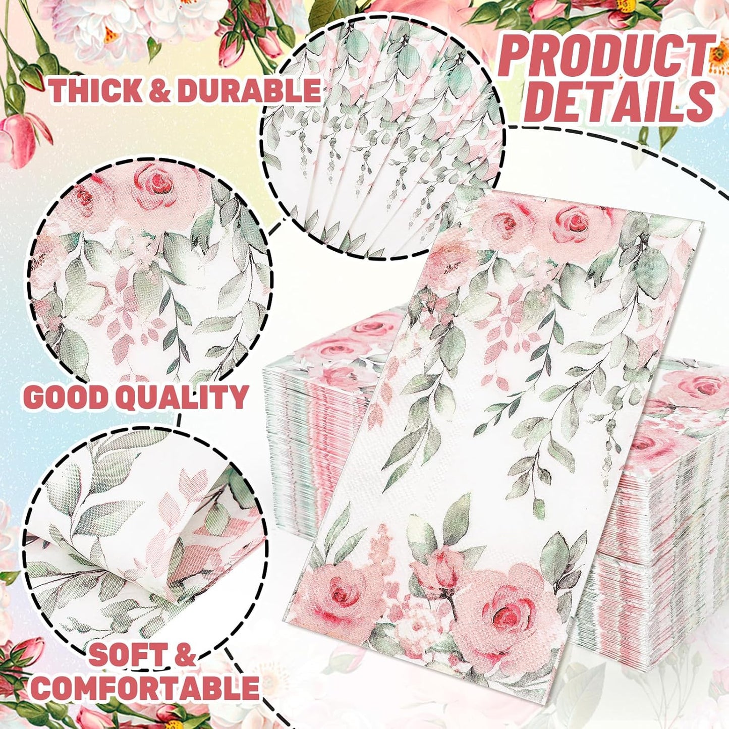 FYSUIMU 100 Pcs Greenery Floral Guest Napkins Spring Rose Flower Eucalyptus Leaves Disposable Napkins Watercolor Dinner Hand Towel Paper Napkin for Mother's Day Wedding Party Table Bathroom Supplies