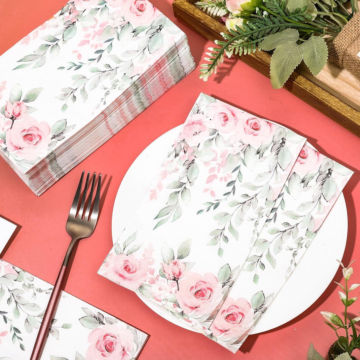 FYSUIMU 100 Pcs Greenery Floral Guest Napkins Spring Rose Flower Eucalyptus Leaves Disposable Napkins Watercolor Dinner Hand Towel Paper Napkin for Mother's Day Wedding Party Table Bathroom Supplies