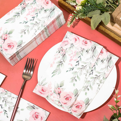 FYSUIMU 100 Pcs Greenery Floral Guest Napkins Spring Rose Flower Eucalyptus Leaves Disposable Napkins Watercolor Dinner Hand Towel Paper Napkin for Mother's Day Wedding Party Table Bathroom Supplies