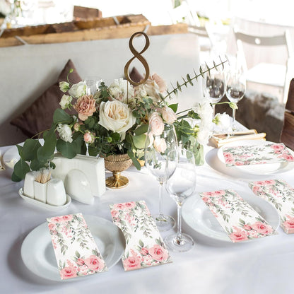 FYSUIMU 100 Pcs Greenery Floral Guest Napkins Spring Rose Flower Eucalyptus Leaves Disposable Napkins Watercolor Dinner Hand Towel Paper Napkin for Mother's Day Wedding Party Table Bathroom Supplies