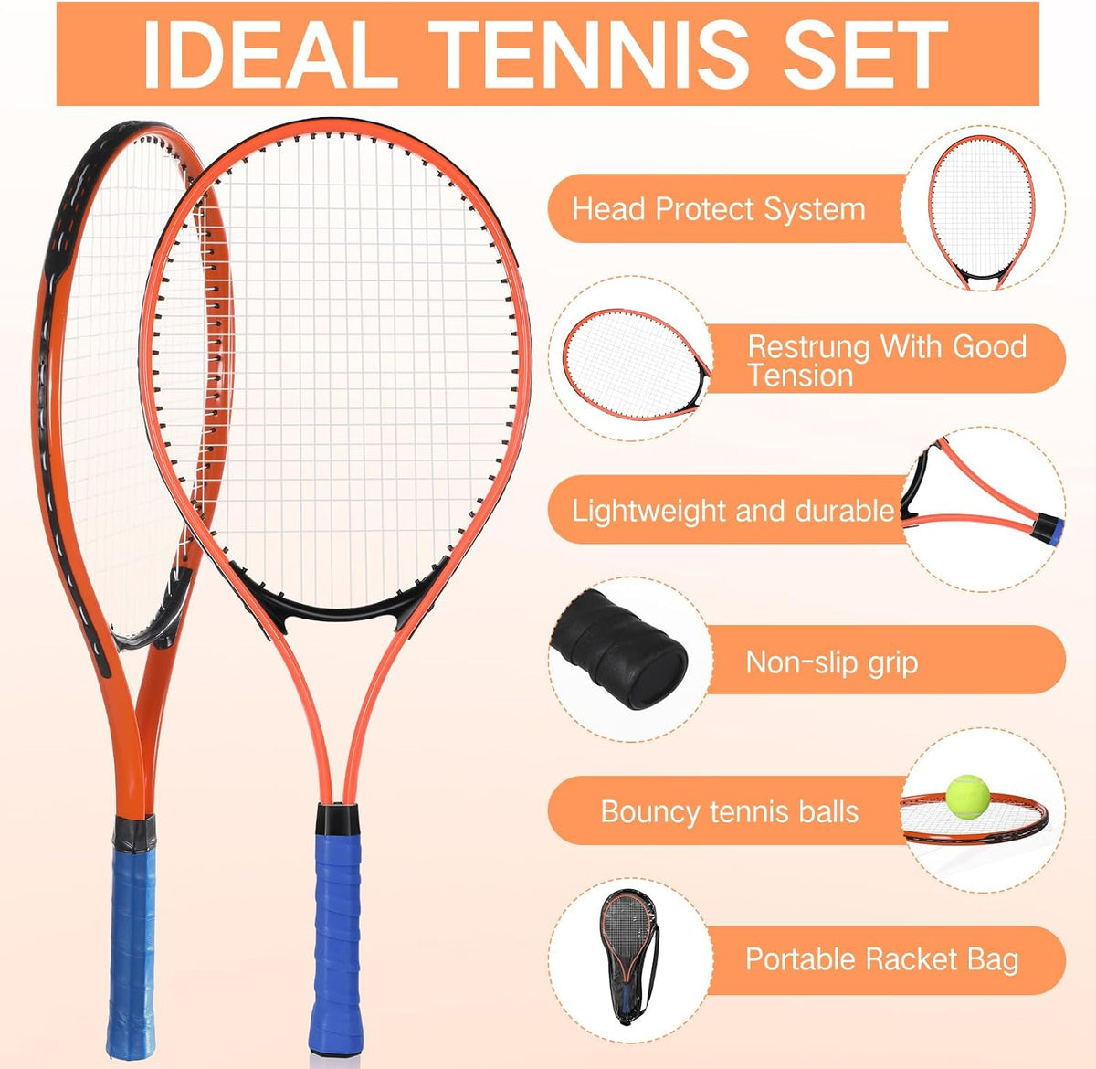6 Pcs Tennis Rackets for Adult Recreational 6 Players 27'' Tennis Racket Set with 3 Balls Lightweight Tennis Rackets for Tennis Training Beginner with Overgrip and Bag