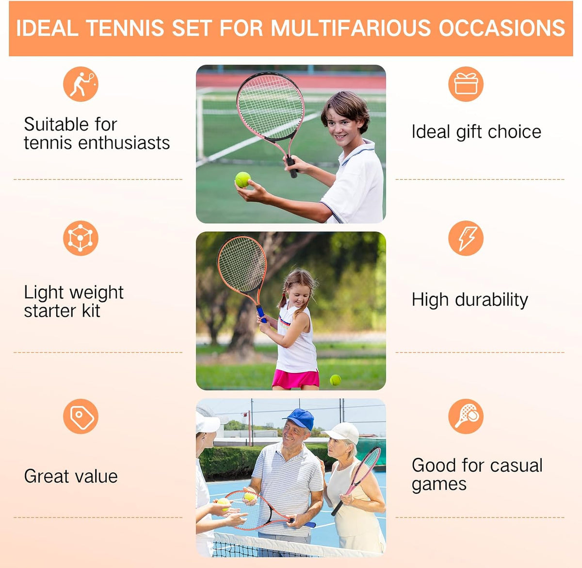6 Pcs Tennis Rackets for Adult Recreational 6 Players 27'' Tennis Racket Set with 3 Balls Lightweight Tennis Rackets for Tennis Training Beginner with Overgrip and Bag
