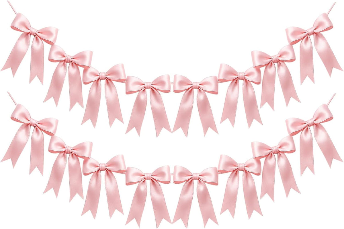 2 Strings of 16PCS Pink Bow Garland Banner Decoration,Pre-Strung Satin Ribbon Ornaments for Birthday,Bachelorette Party,Bridal Shower, Wedding,Engagement,Baby Shower, Graduation Deco,Anniversary