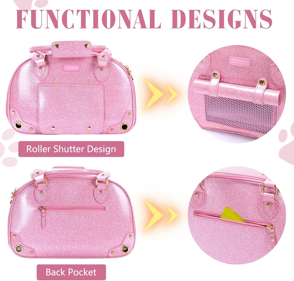 Dog Carrier Purse, Pet Carrier, Bling Waterproof Premium Leather Pet Travel Portable Bag Carrier for Cat and Small Dog Home & Outdoor Small Bling Pink
