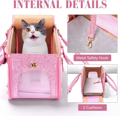 Dog Carrier Purse, Pet Carrier, Bling Waterproof Premium Leather Pet Travel Portable Bag Carrier for Cat and Small Dog Home & Outdoor Small Bling Pink