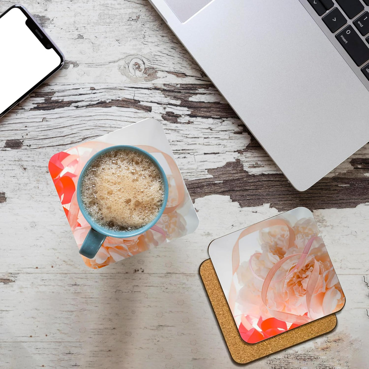 Pink Flowers and Light Set of 4 Coasters - Cork