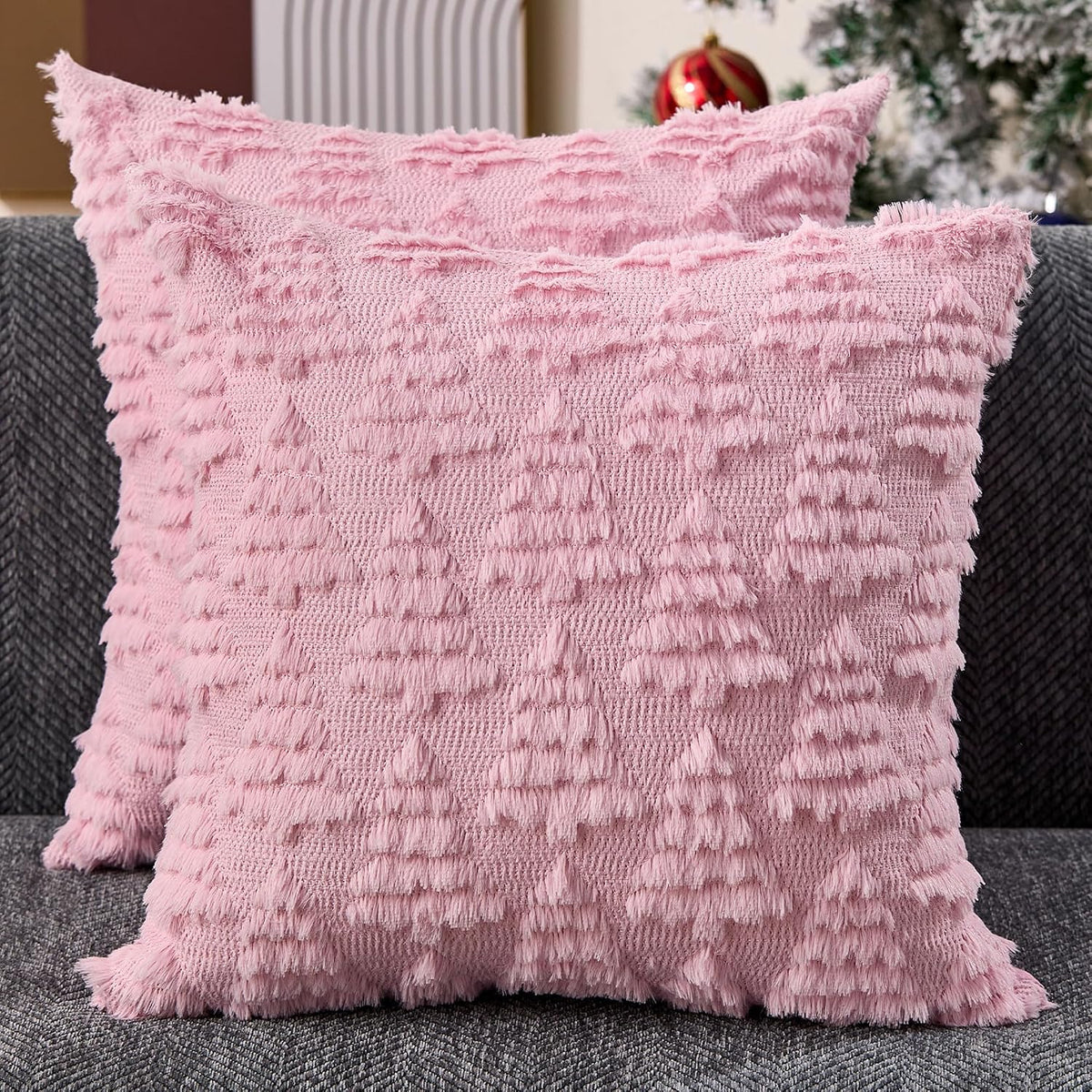 Christmas Pillow Covers 18x18 Set of 2 Christmas Decoration Pink Xmas Tree Pillow Cases Plush Faux Fur Soft Cushion Case for Winter Xmas Holiday Home Bedroom Sofa Decors SY-003-E18