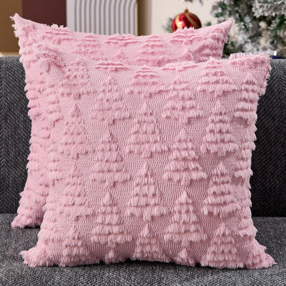 Christmas Pillow Covers 18x18 Set of 2 Christmas Decoration Pink Xmas Tree Pillow Cases Plush Faux Fur Soft Cushion Case for Winter Xmas Holiday Home Bedroom Sofa Decors SY-003-E18