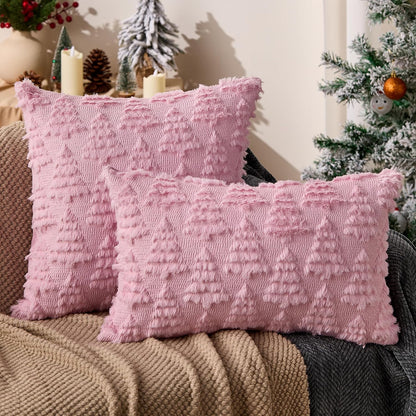 Christmas Pillow Covers 18x18 Set of 2 Christmas Decoration Pink Xmas Tree Pillow Cases Plush Faux Fur Soft Cushion Case for Winter Xmas Holiday Home Bedroom Sofa Decors SY-003-E18