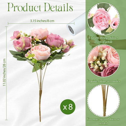 8 Bundles Artificial Peonies Flowers,Russet Red, Light Pink