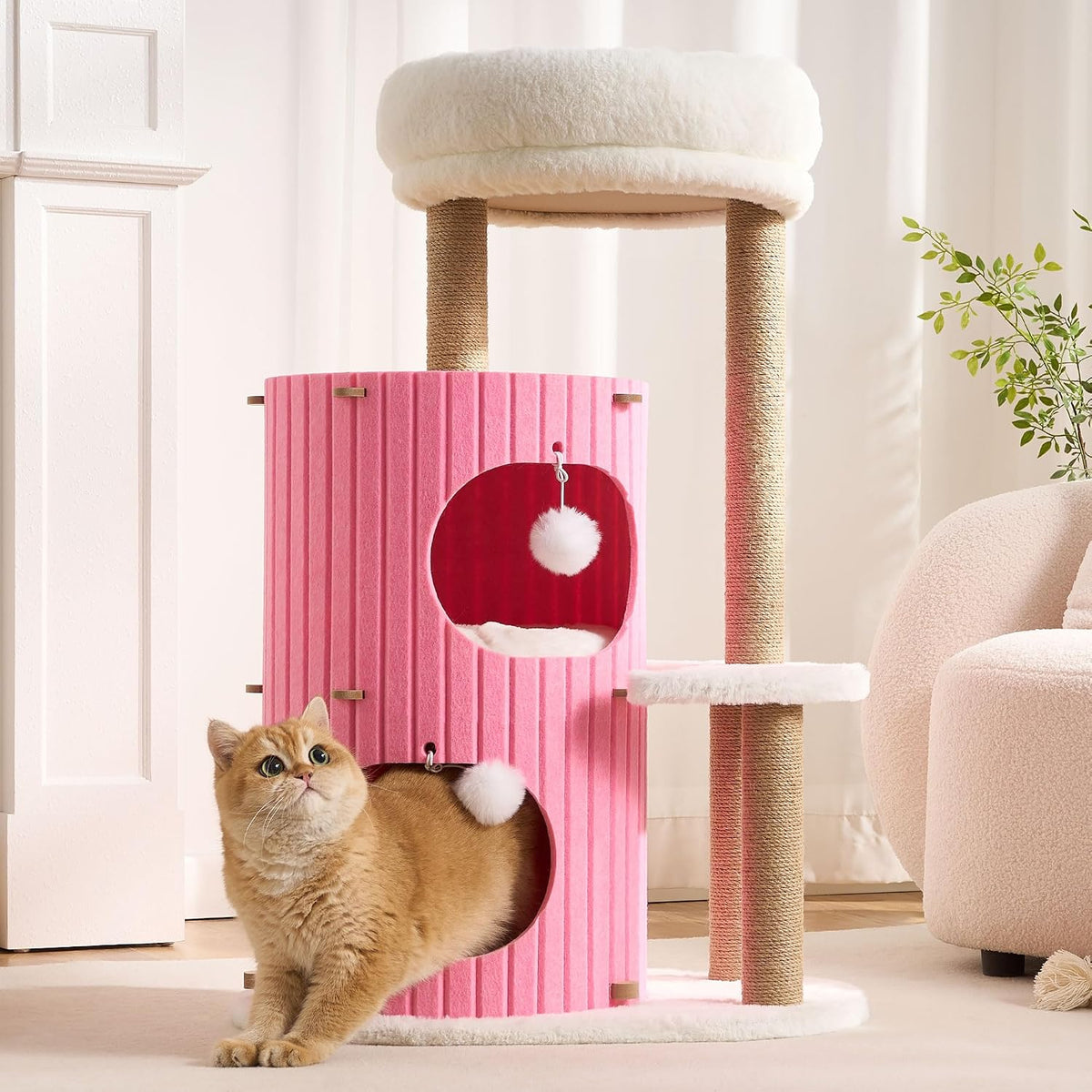 Modern Cat Tree for Indoor Small & Medium Cats, 36" Cat Tower with Scratching Posts, 2 Cozy Cat Caves, Top Perch, Dangling Balls, Washable Cushions, Space-Saving Cat Condo, Pink