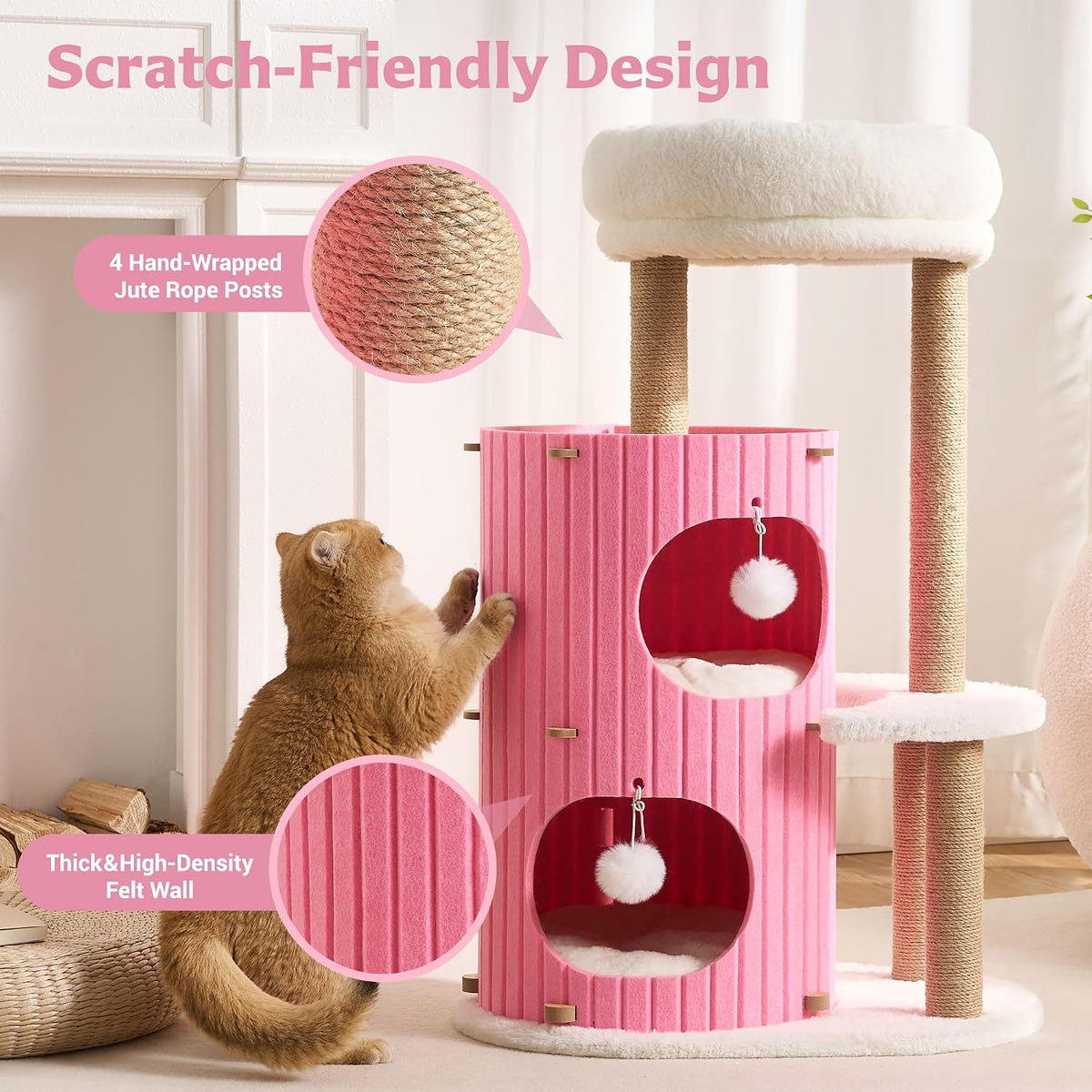 Modern Cat Tree for Indoor Small & Medium Cats, 36" Cat Tower with Scratching Posts, 2 Cozy Cat Caves, Top Perch, Dangling Balls, Washable Cushions, Space-Saving Cat Condo, Pink
