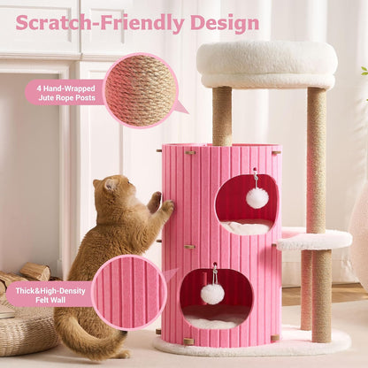 Modern Cat Tree for Indoor Small & Medium Cats, 36" Cat Tower with Scratching Posts, 2 Cozy Cat Caves, Top Perch, Dangling Balls, Washable Cushions, Space-Saving Cat Condo, Pink