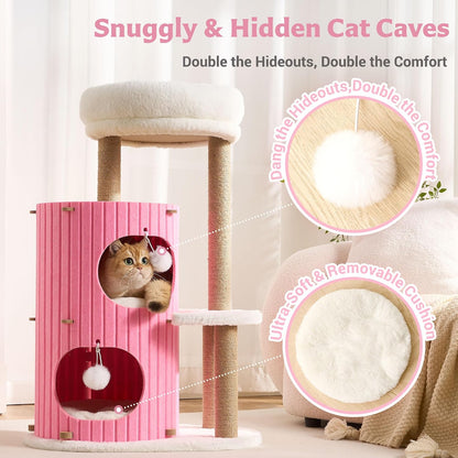 Modern Cat Tree for Indoor Small & Medium Cats, 36" Cat Tower with Scratching Posts, 2 Cozy Cat Caves, Top Perch, Dangling Balls, Washable Cushions, Space-Saving Cat Condo, Pink